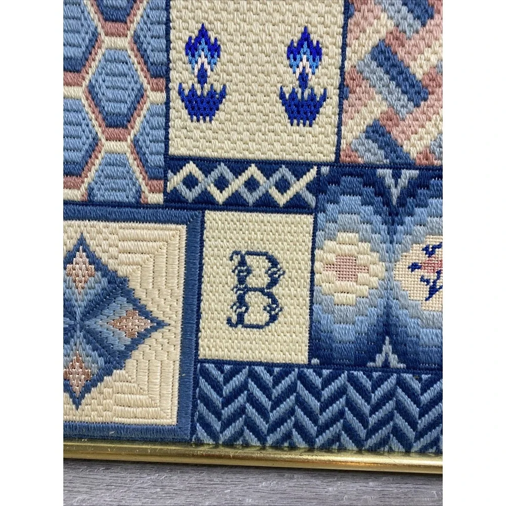 VTG Cross Stitch, 14x15 Art Deco Textile Tapestry‎ Blue Pink Off-White Letter B